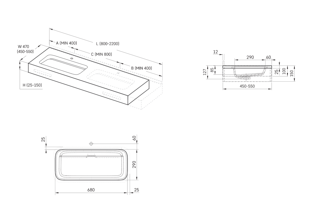 Stalviršis su praustuvu MTM QUADRO 1200x410 mm