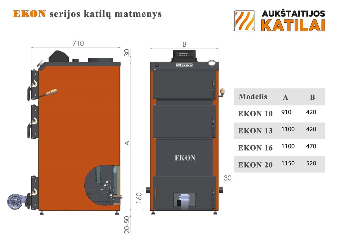 Kieto kuro katilas EKON+E, apatinio degimo, 20kW, su orapūte, valdikliu ir dūmų temperatūros davikliu