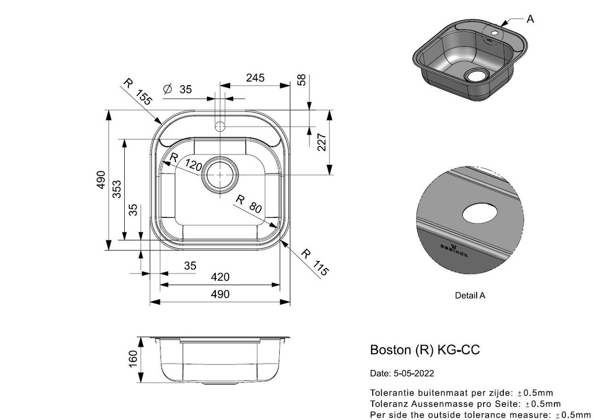 Plieninė plautuvė Reginox Boston R KG-CC, nerūdijantis plienas R23563