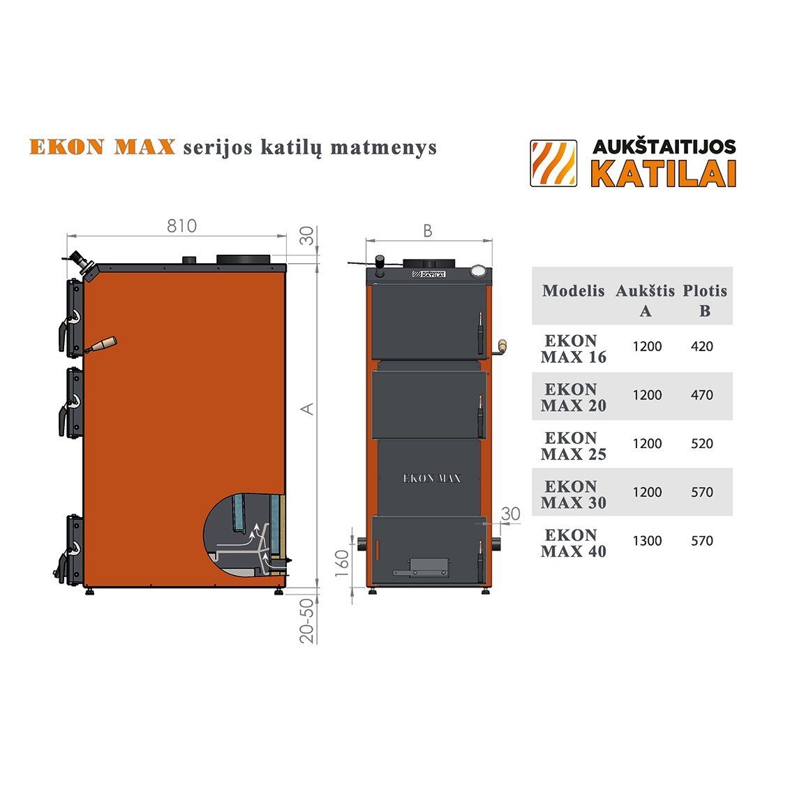 Kieto kuro katilas EKON MAX, apatinio degimo, 25kW, su nerūdijančio pl. šilumokaičio apatine dalimi