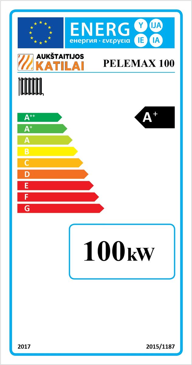 Granulinis katilas 100 kW, komplekte su rotaciniu 70 kW degikliu, 500 l bunkeriu