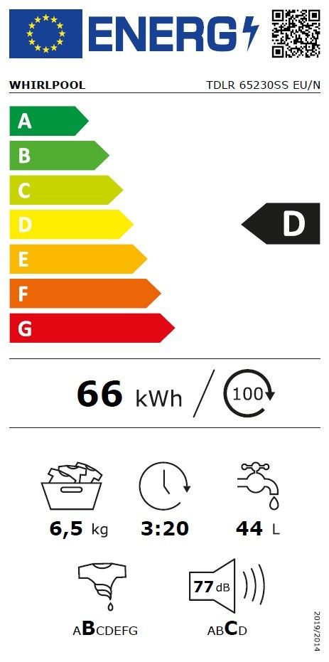 Per viršų pakraunama skalbimo mašina WHIRLPOOL TDLR 65230SS EU/N