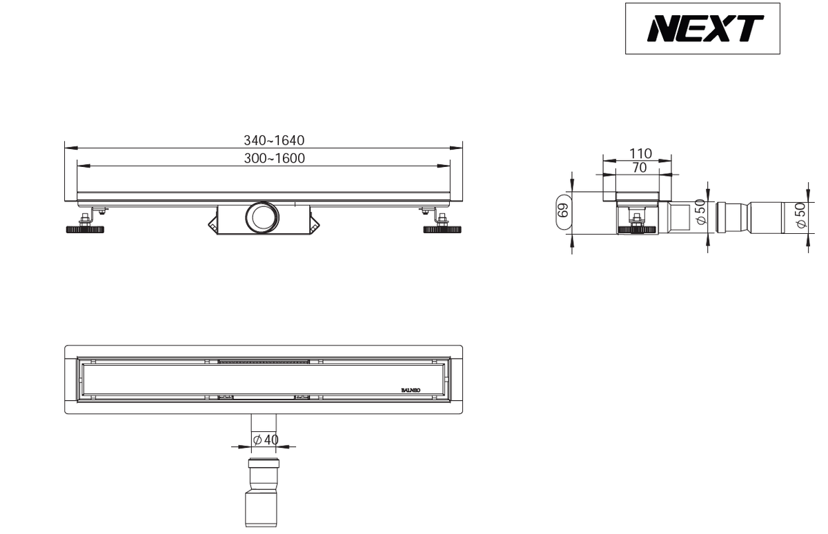 Dušo latakas dvipusėmis grotelėmis Duplex NEXT 800 mm, nerūdijantis plienas