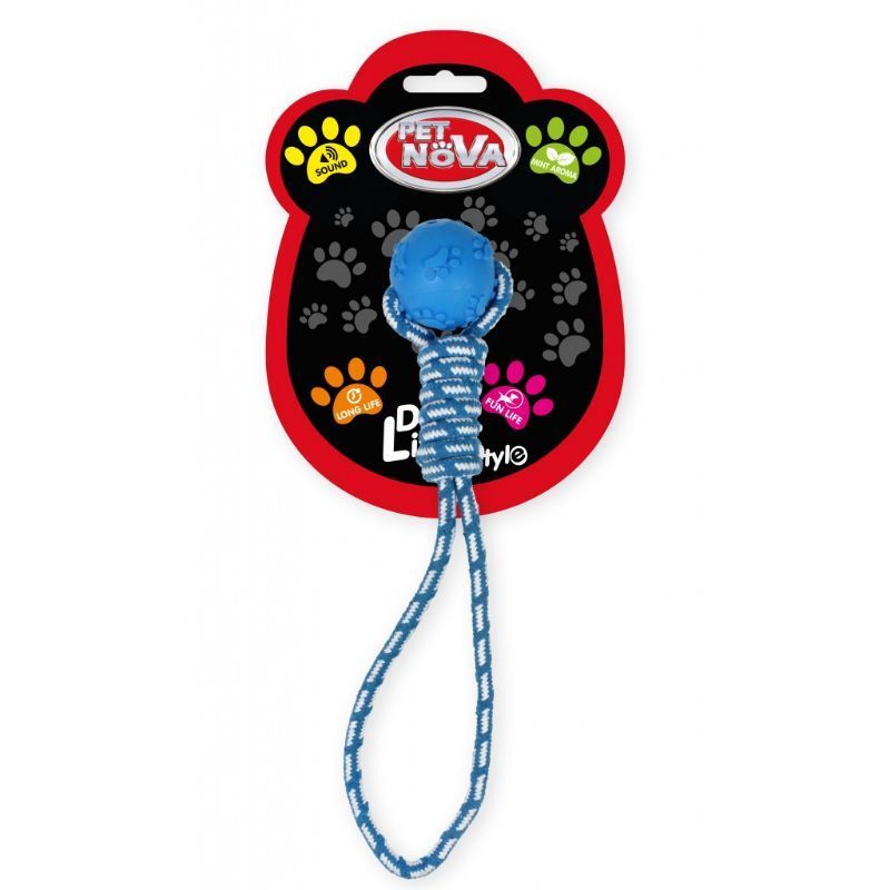 PET NOVA TPR BLUE kamuoliukas su virve 40cm 2vnt, TPR-ROPEBALL-BL