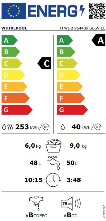 Skalbimo mašina su džiovinimo funkcija Whirlpool FFWDB 964489 SBSV EE, 9 kg /6 kg