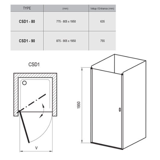 Dušo durys Ravak Chrome CSD1-80, baltas+skaidrus stiklas 0QV40100Z1
