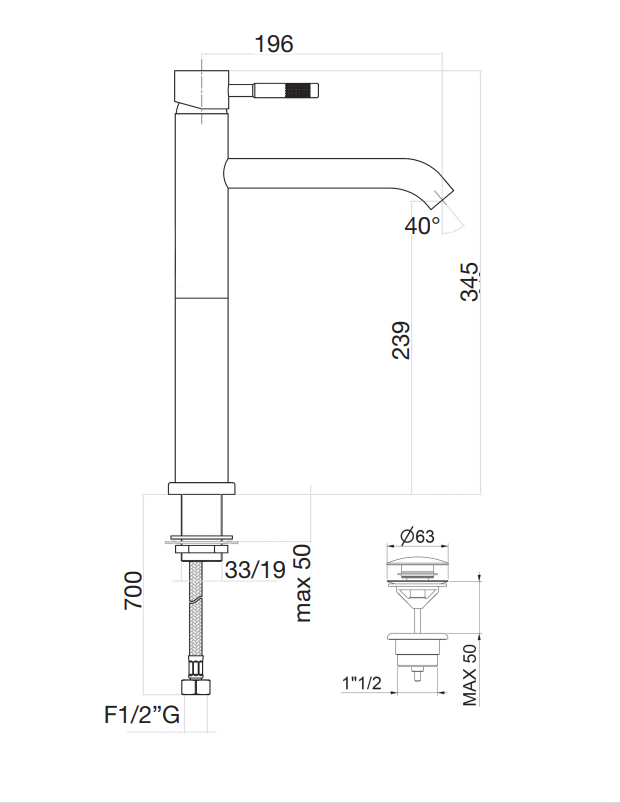 Aukštas maišytuvas praustuvui Fiore Xenon, nerūdijančio plieno apdaila, su dugno vožtuvu 44AA5288