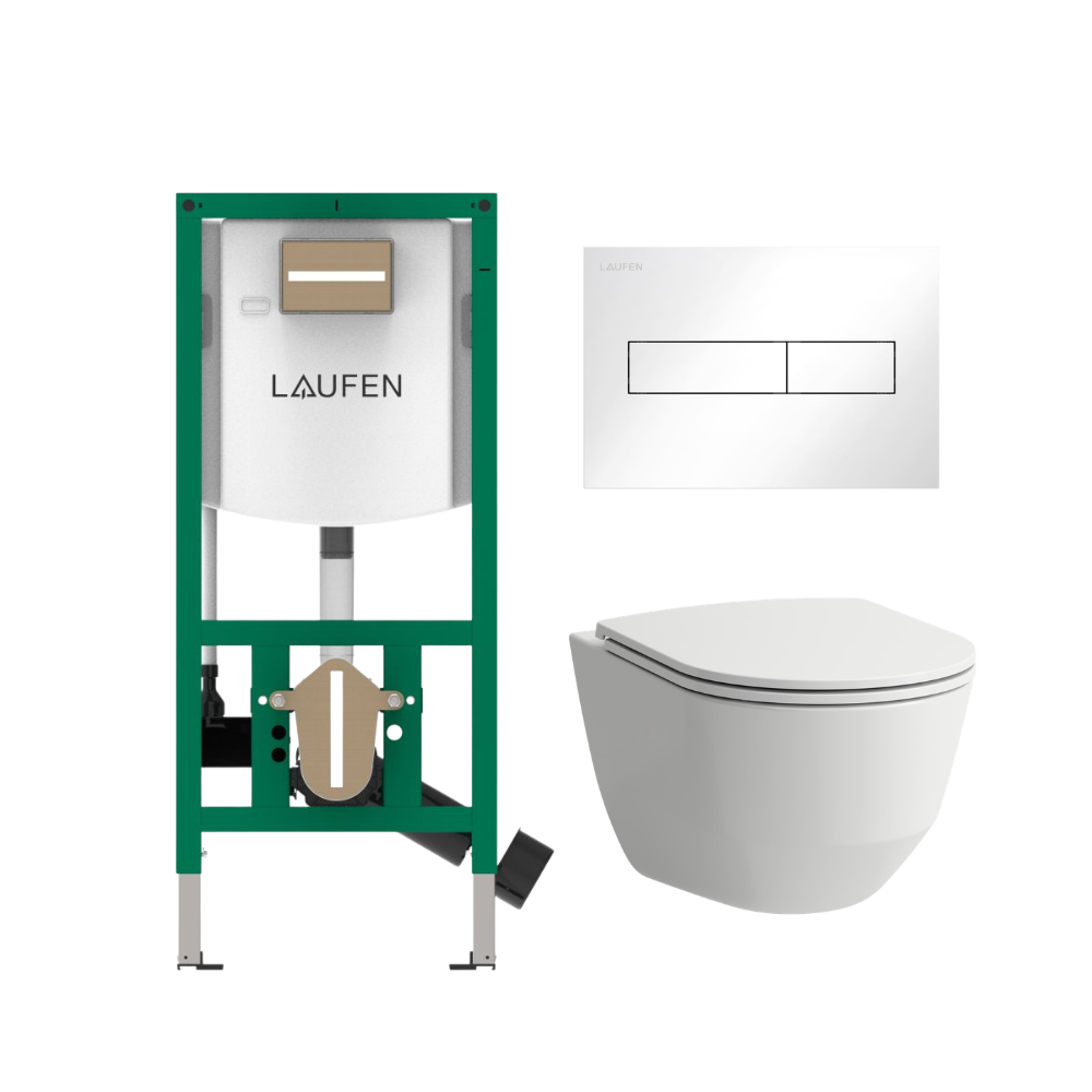 Komplektas: rėmas Laufen INEOLINK su balta plokštele ir unitazas Laufen Pro New Rimless