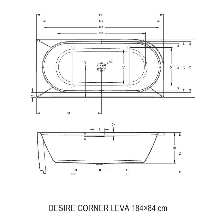 Akrilinė vonia Riho Desire Corner 184x84 cm, balta, kairė, B088001005