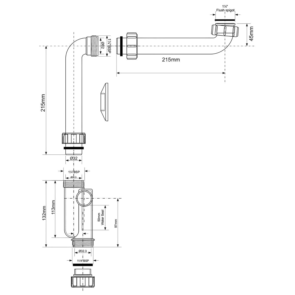 McAlpine vietą taupantis praustuvo sifonas HC13SPS-X32PF McAlpine vietą taupantis praustuvo sifonas HC13SPS-X32PF