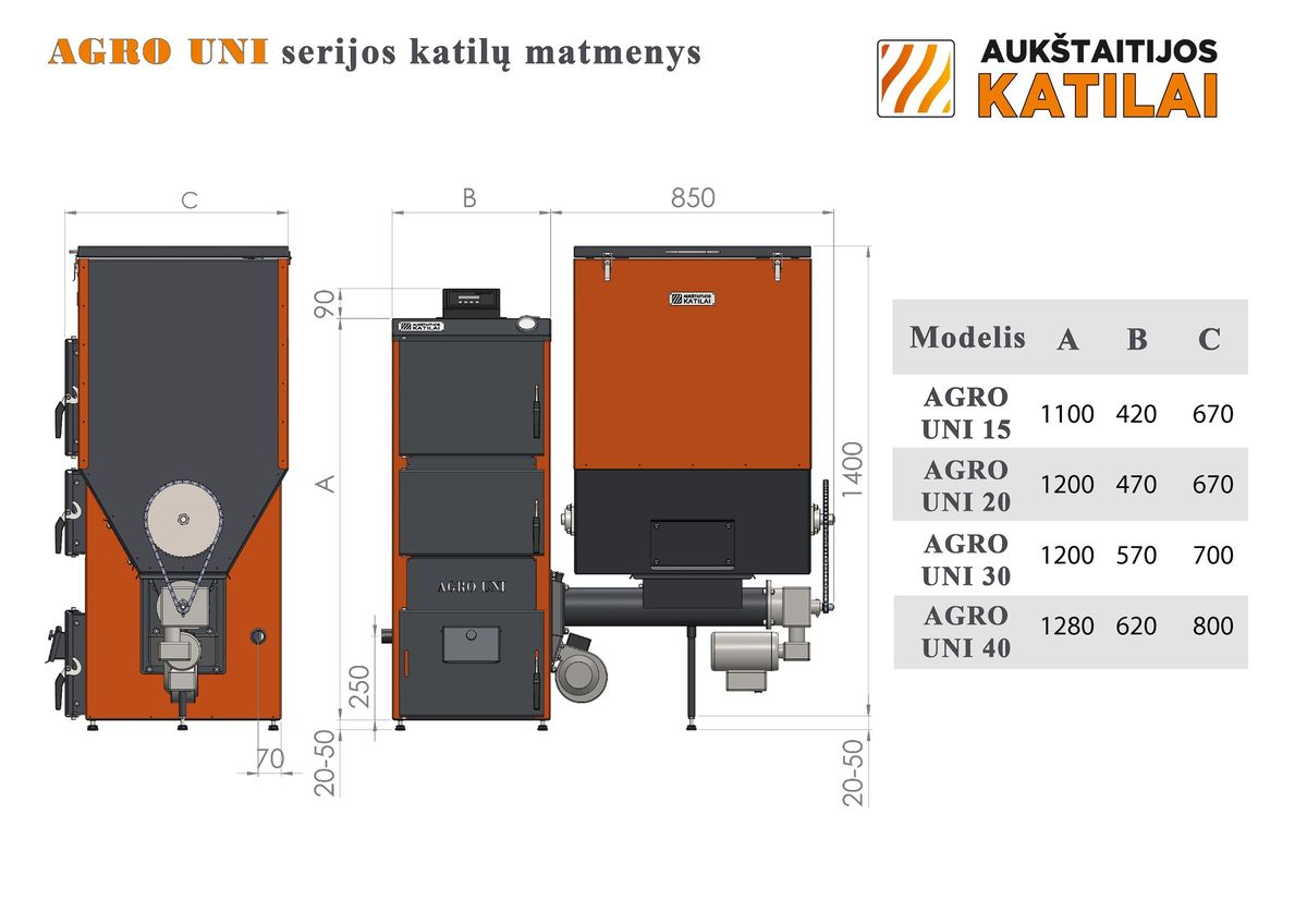 Granulinis katilas 40 kW, komplekte su 40 kW"Zenono" degikliu, 400 l bunkeriu