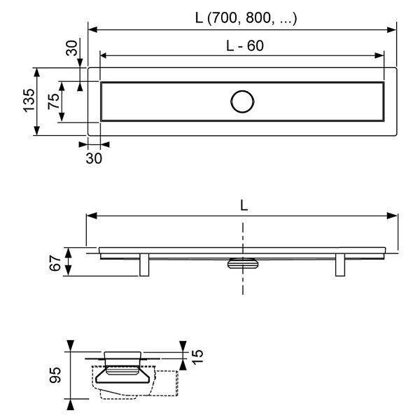 Dušo latako komplektas TeceLinus su dvipusėmis grotelėmis Steel/Plate 2in1, 80 cm, nerūdijantis plienas, 15103080