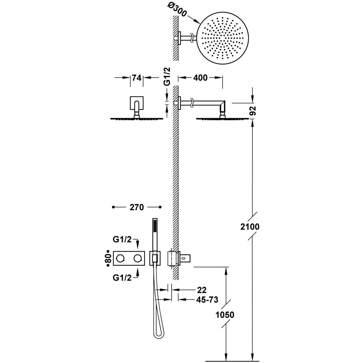 Dušo sistema termostatinė su 30 cm skersmens stacionaria galva TRES B-SYSTEM, 2 krypčių, matinis raudonas auksas, 30735204OPM