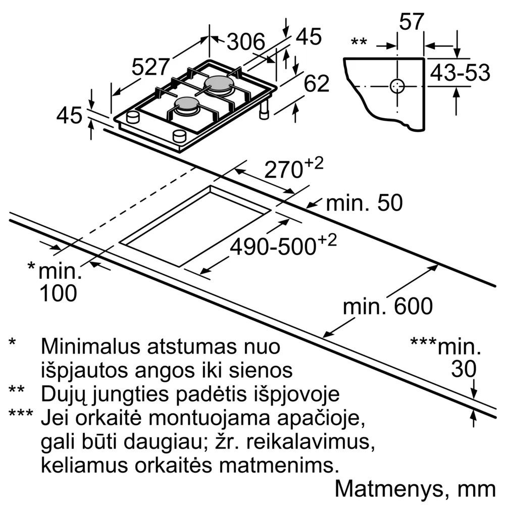 Įmontuojama dujinė domino kaitlentė Bosch PRB3A6I40