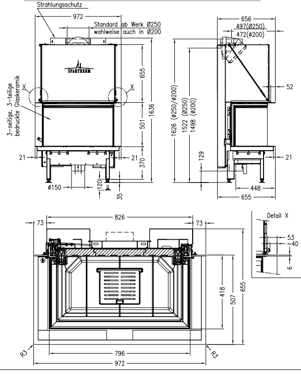 Plieninis židinio ugniakuras Spartherm Premium A-3RL-80h, trimis stiklais (d.200)