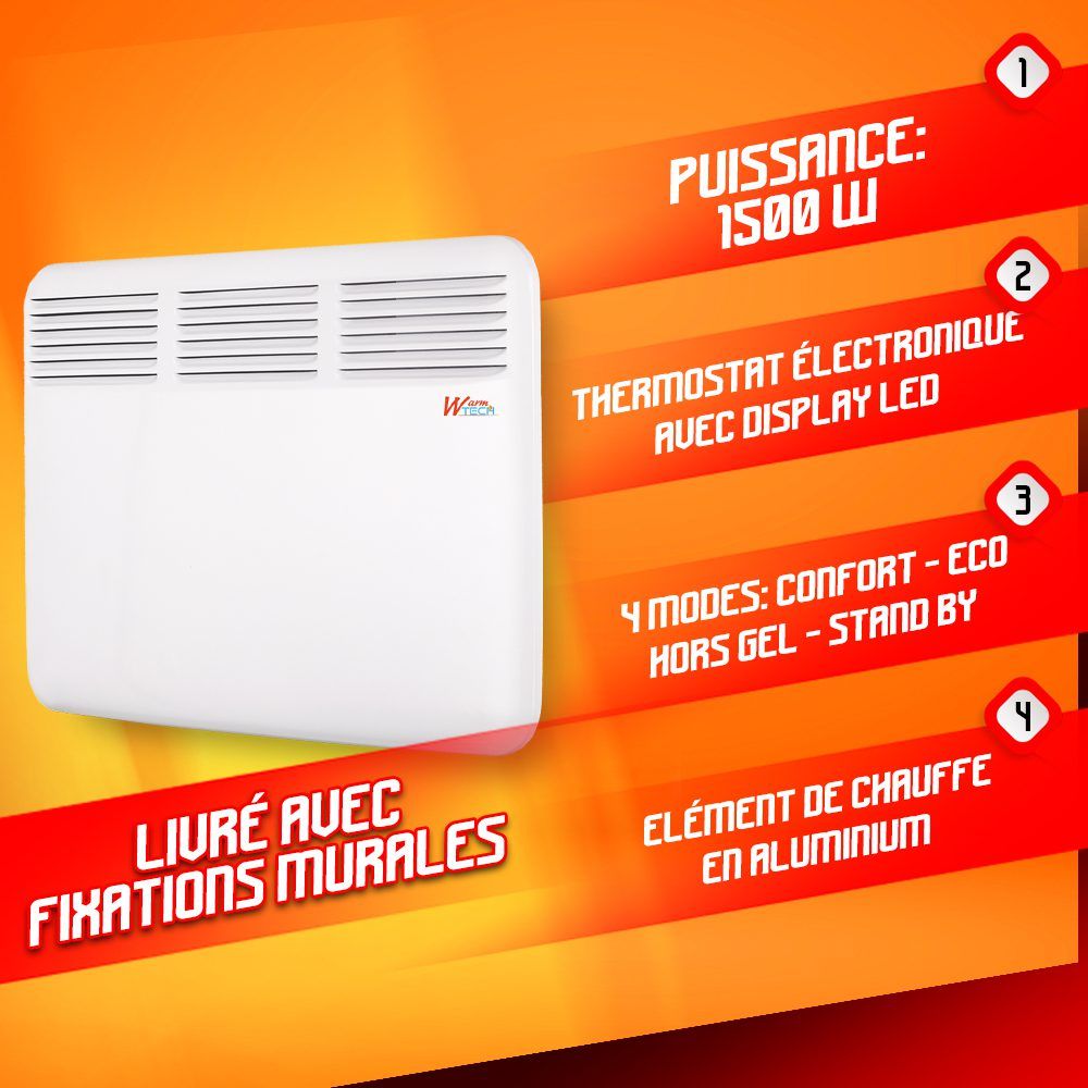 Sieninis konvekcinis šildytuvas Warmtech, 1500 W
