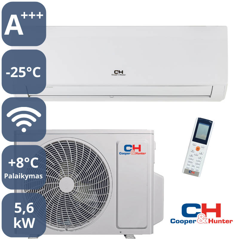 Kondicionierius-šilumos siurblys Cooper&Hunter ARCTIC Inverter CH-S24FTXLA2-NG efektyvus šildymas iki -25°C, Šaldymas 7,1 KW; Šildymas 7,8 KW