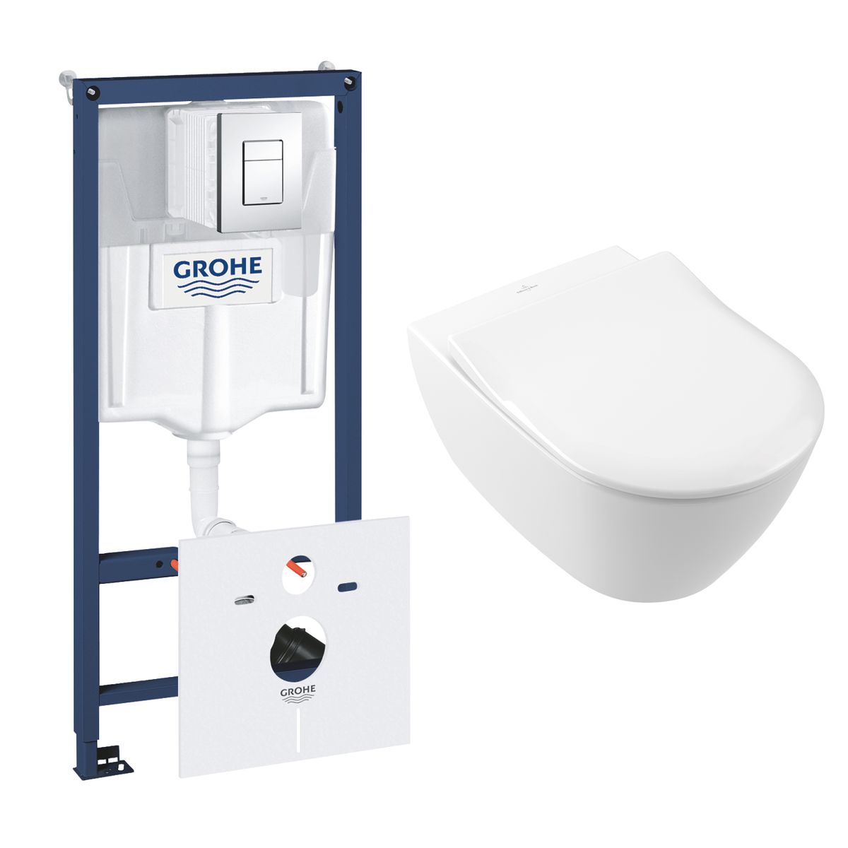 Komplektas: rėmas Grohe Rapid SL 5-in-1 ir unitazas Villeroy & Boch Subway 2.0 CP Rimless su Soft Close dangčiu