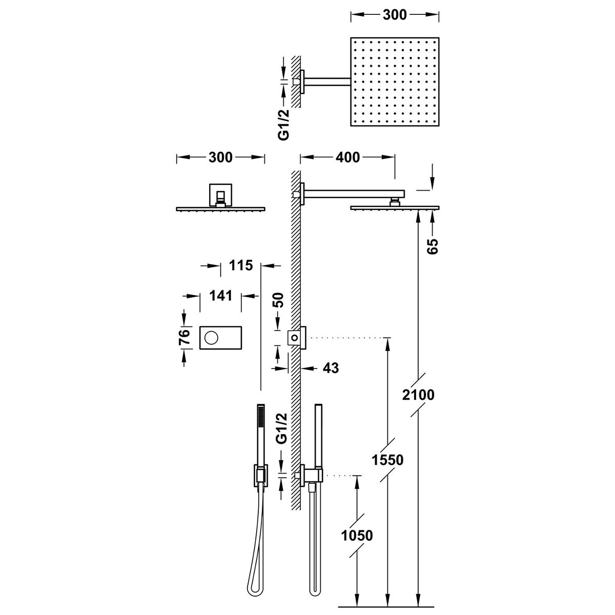 Potinkinė elektroninė termostatinė dušo sistema TRES Shower Technology su viršutiniu dušu ir rankiniu dušeliu, juoda bronza, 09288563KMB