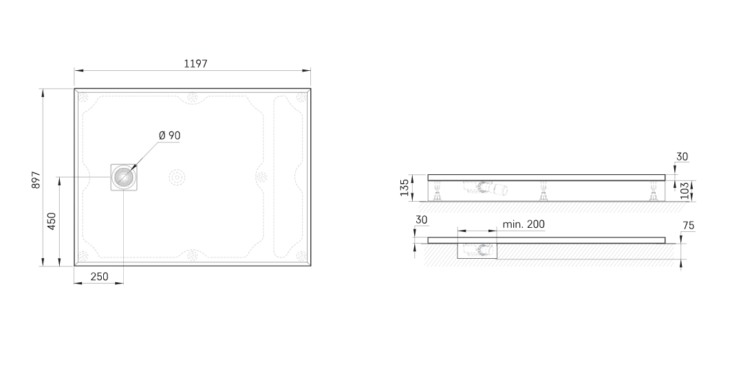 Dušo padėklas LETTERA 90×120 cm komplektas