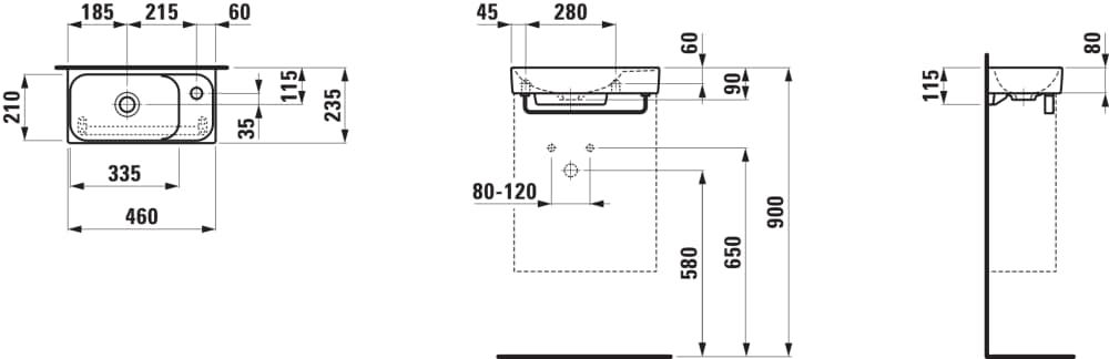 Praustuvas Laufen MEDA 460x235 mm, su anga maišytuvui dešinėje, baltas H8151130001121