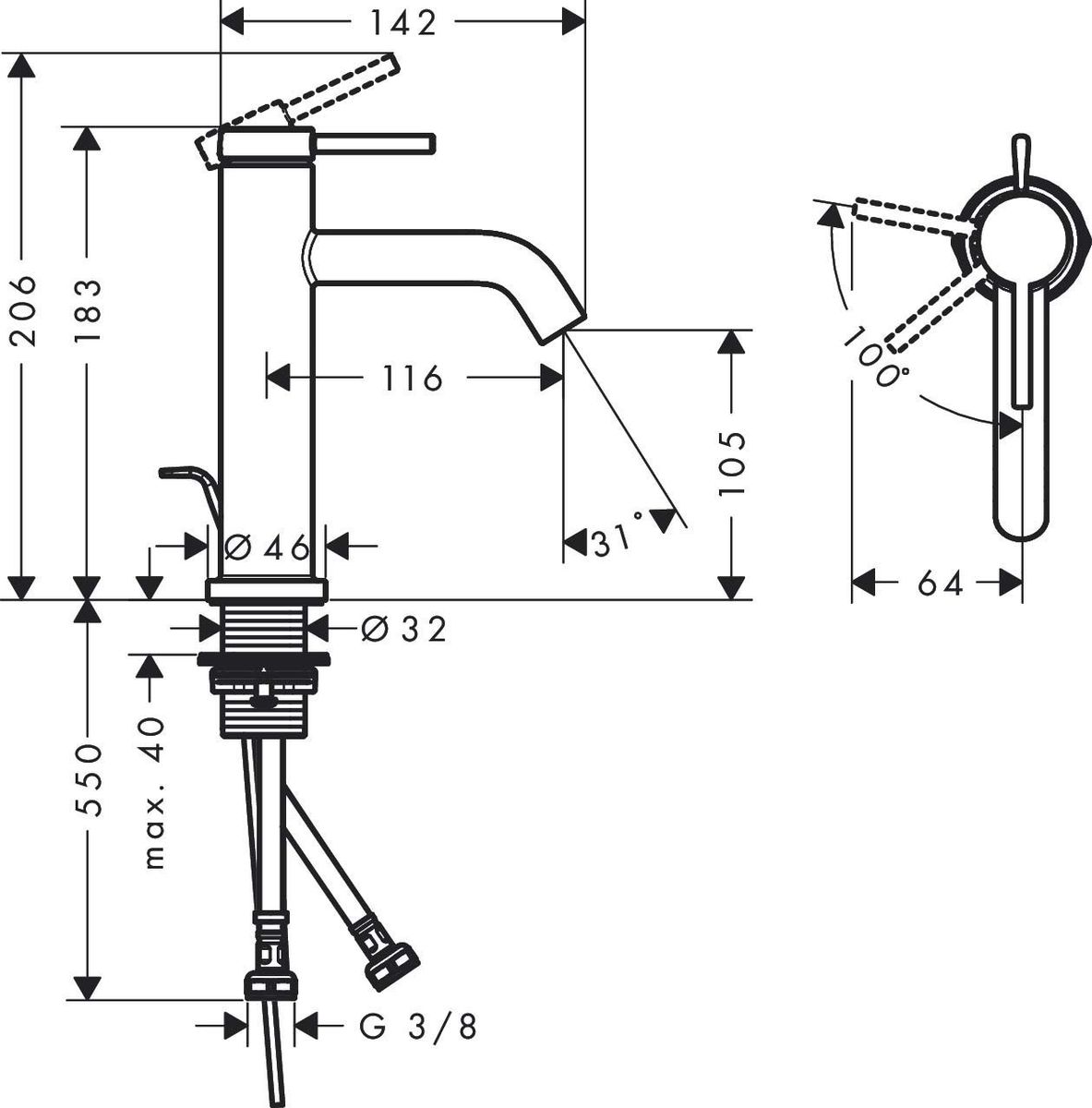 Praustuvo maišytuvas Hansgrohe Tecturis S 110 su dugno vožtuvu, balta matinė, 73314700