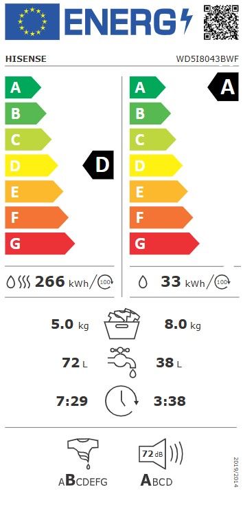 Skalbimo mašina su džiovinimo funkcija Hisense WD5I8043BWF, 8 kg / 5 kg