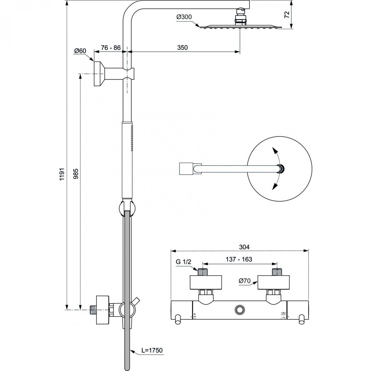 Termostatinė dušo sistema Ideal Standard Ceratherm T125, chromo, A7589AA