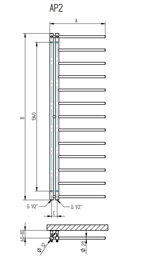 Rankšluosčių džiovintuvas PMH Apollo 50x150 cm, nerūdijantis plienas, kairė, AP2SS-L Rankšluosčių džiovintuvas PMH Apollo 50x150 cm, nerūdijantis plienas, kairė, AP2SS-L