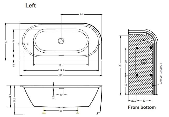 Laisvai pastatoma vonia Riho Desire 170x77 cm su užapvalintu kampu, kairė