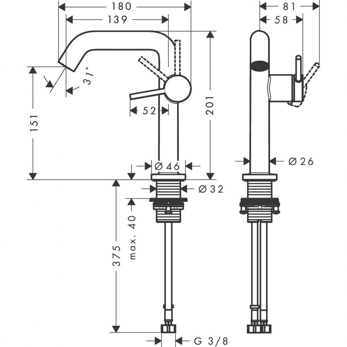 Praustuvo maišytuvas Hansgrohe Tecturis S 150 be dugno vožtuvo, juoda matinė, 73341670