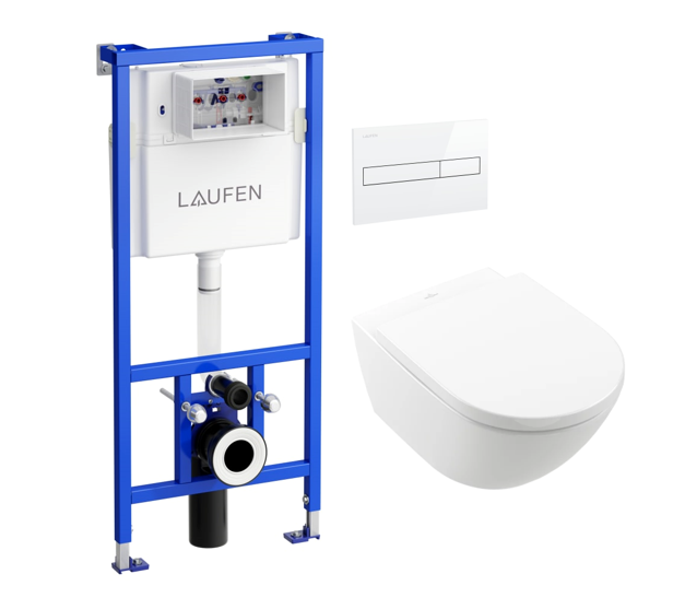 Komplektas: rėmas Laufen su baltu mygtuku ir klozetas Villeroy&Boch Subway 3.0 su softclose dangčiu