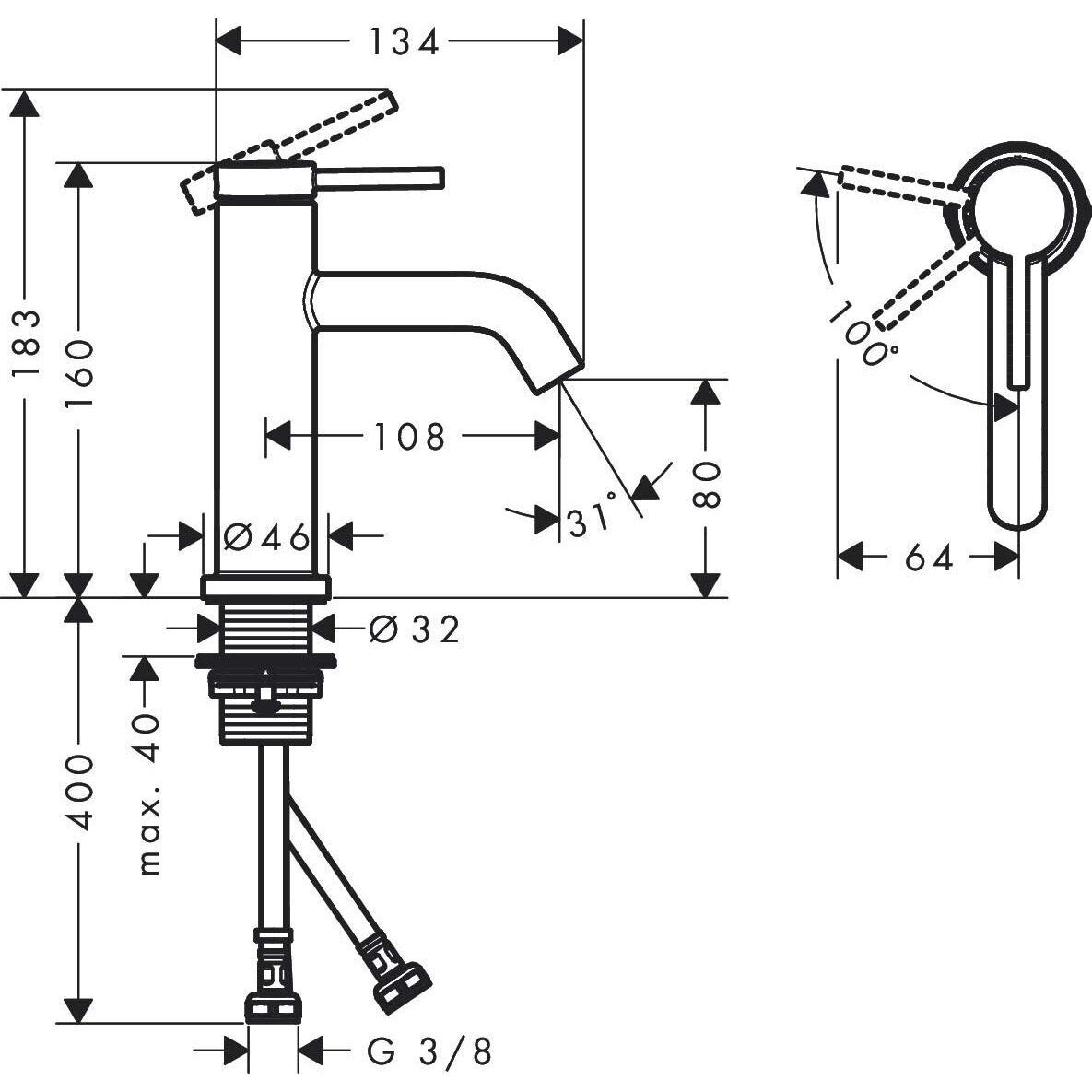 Praustuvo maišytuvas Hansgrohe Tecturis S 80 su dugno vožtuvu, chromas, 73302000