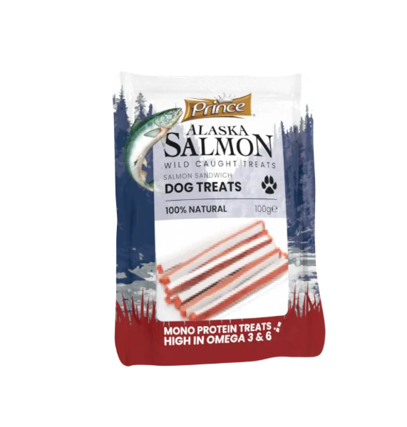 PRINCE skanukai šunims Aliaskos lašišos sumuštinukai 100g PRINCE skanukai šunims Aliaskos lašišos sumuštinukai 100g