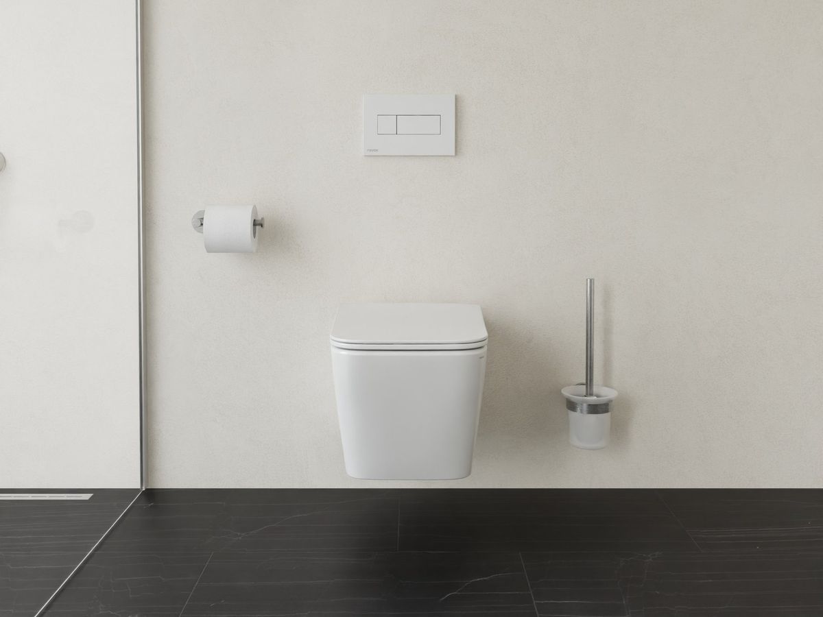 WC pakabinamas Ravak Natural RimOff set ir dangtis su lėto uždarymo sistema SoftClose. Balta spalva. X01984