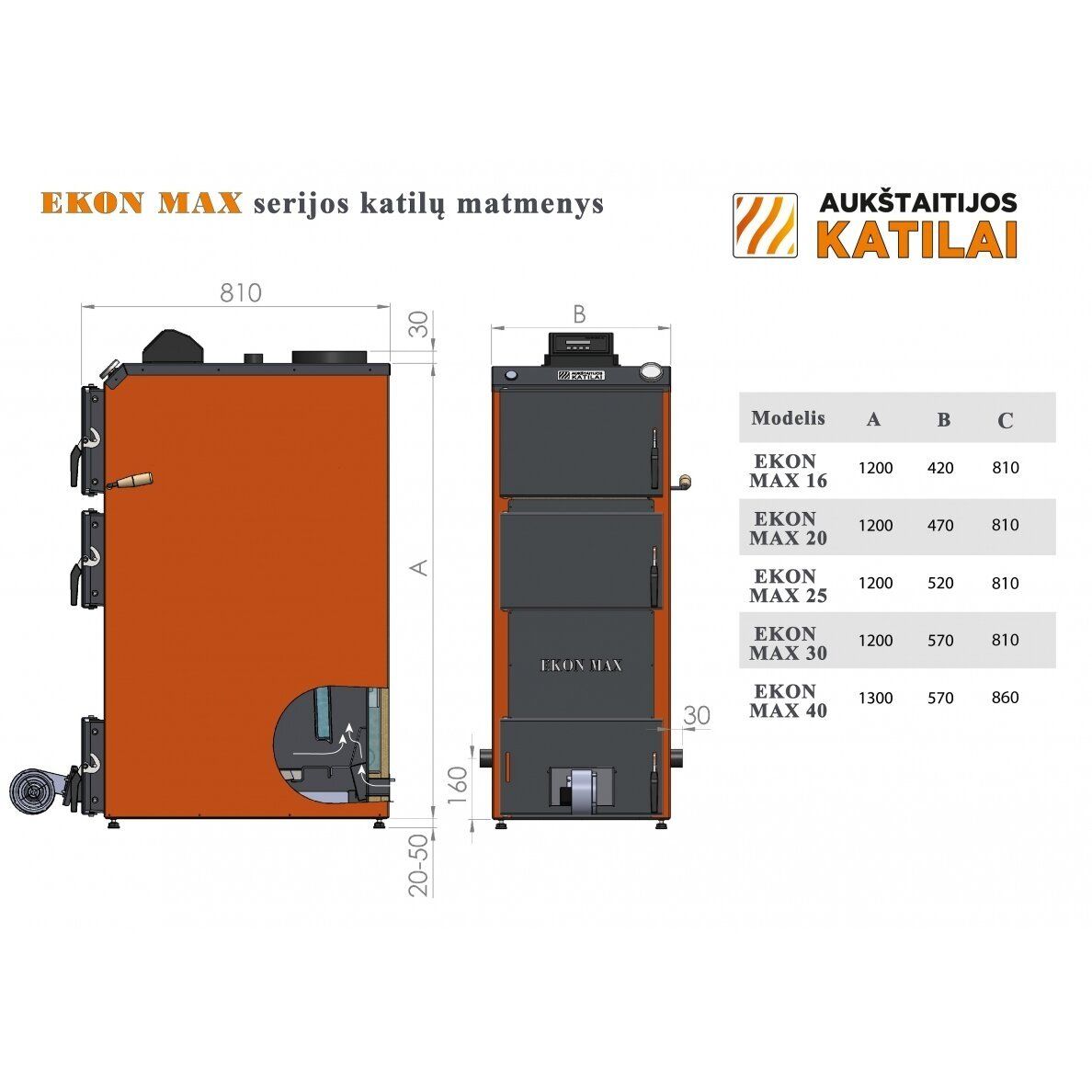 Kieto kuro katilas EKON MAX+E, apatinio degimo, 40kW, su orapūte, valdikliu, dūmų temperatūros davikliu ir nerūdijančio pl. šilumokaičio apatine dalimi