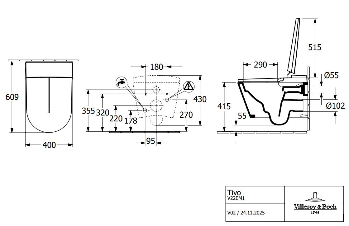 Pakabinamas klozetas Villeroy & Boch TIVO su bide funkcija, directFlush V22EM101 Pakabinamas klozetas Villeroy & Boch TIVO su bide funkcija, directFlush V22EM101