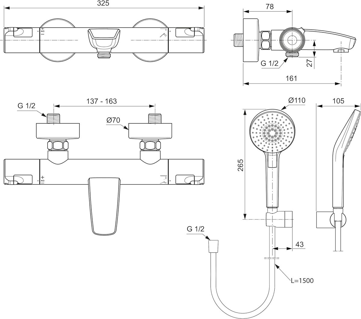 Termostatinis vonios / dušo maišytuvas Ideal Standard Ceratherm T50 su dušo komplektu, chromas, A7696AA