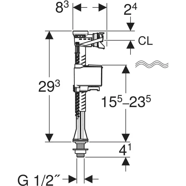 Vandens pripildymo mechanizmas GEBERIT Type 323 su apatiniu 1/2″ pajungimu, 136.752.00.1 Vandens pripildymo mechanizmas GEBERIT Type 323 su apatiniu 1/2″ pajungimu, 136.752.00.1