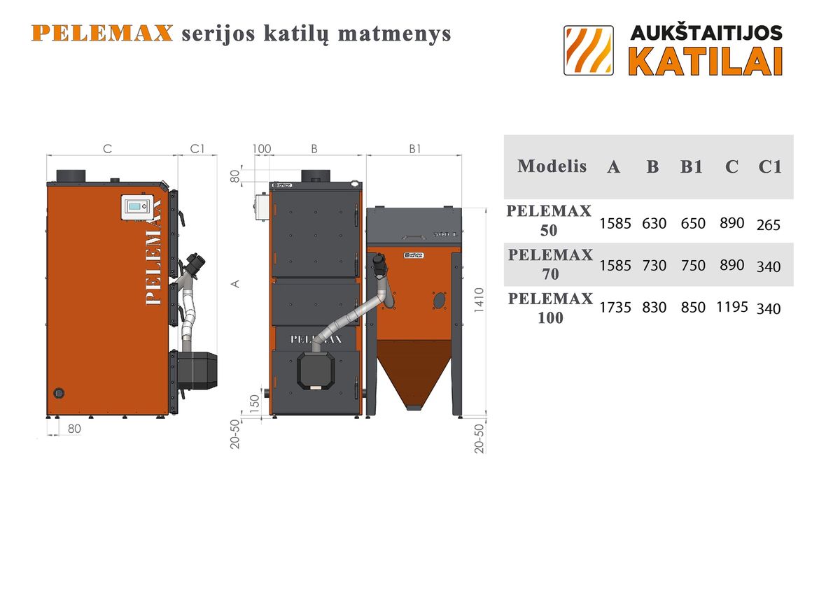 Granulinis katilas Pelemax 50 kW, komplekte su rotaciniu 50 kW degikliu, 500 l bunkeriu