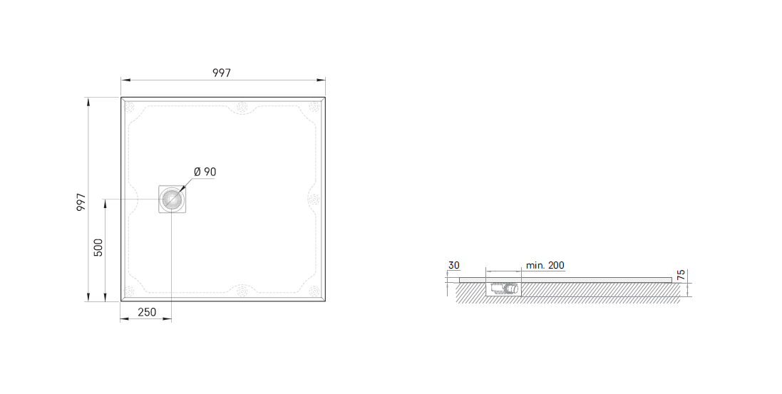 Akmens masės dušo padėklas PAA Lettera 100x100 cm (be panelio) Akmens masės dušo padėklas PAA Lettera 100x100 cm (be panelio)
