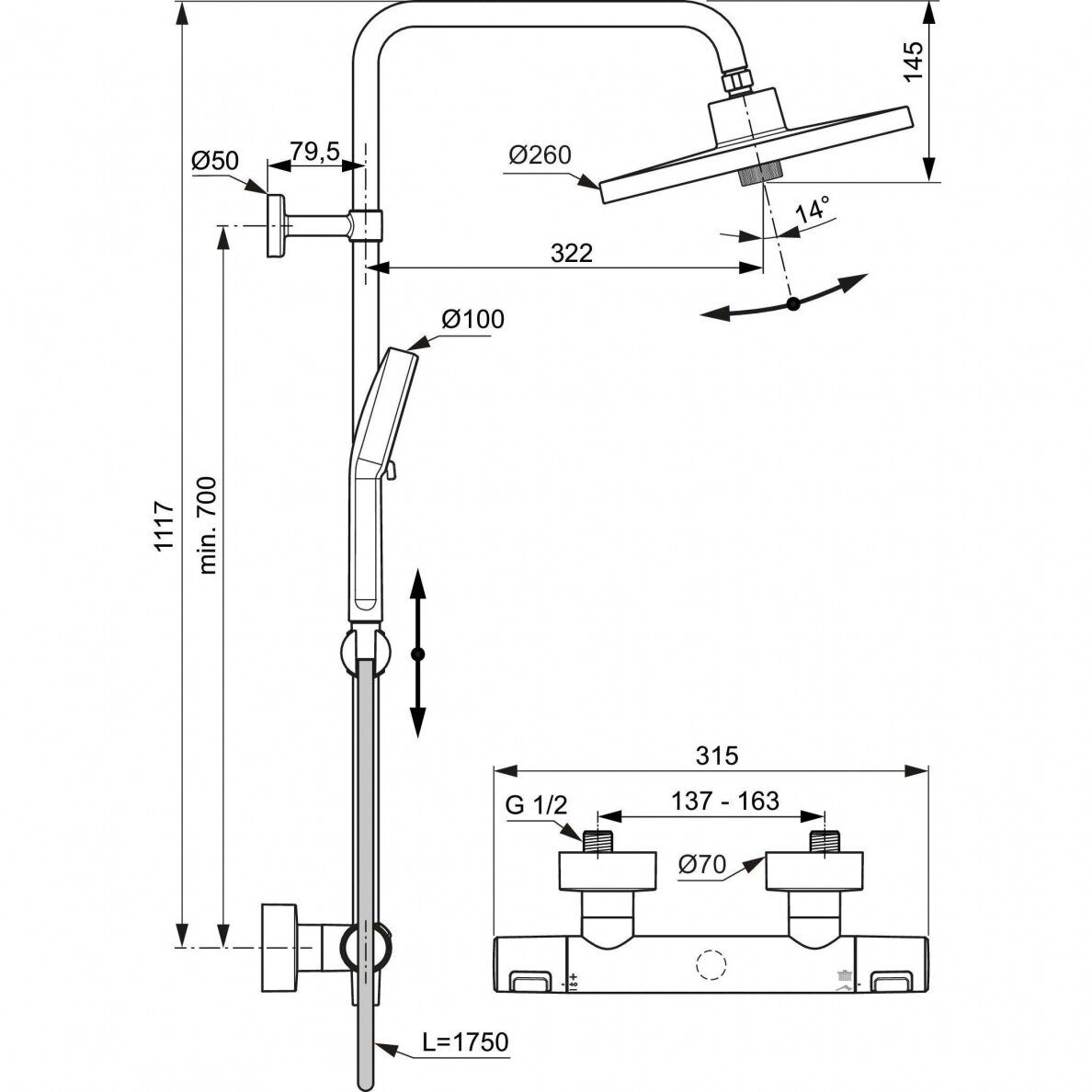 Termostatinė dušo sistema Ideal Standard Ceratherm T25+, juoda matinė, A7210XG