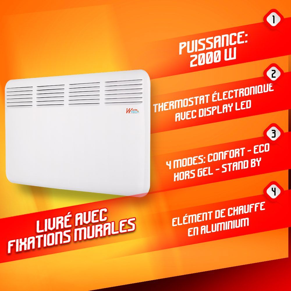 Sieninis konvekcinis šildytuvas Warmtech, 2000 W Sieninis konvekcinis šildytuvas Warmtech, 2000 W