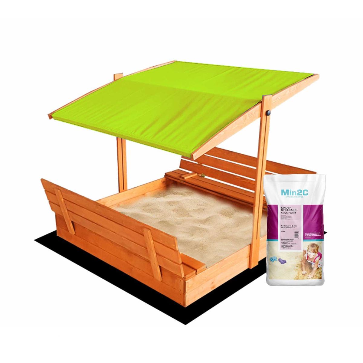 Impregnuota medinė smėlio dėžė su žalios spalvos stogeliu ir 250 kg smėlio, 120x120 cm Impregnuota medinė smėlio dėžė su žalios spalvos stogeliu ir 250 kg smėlio, 120x120 cm