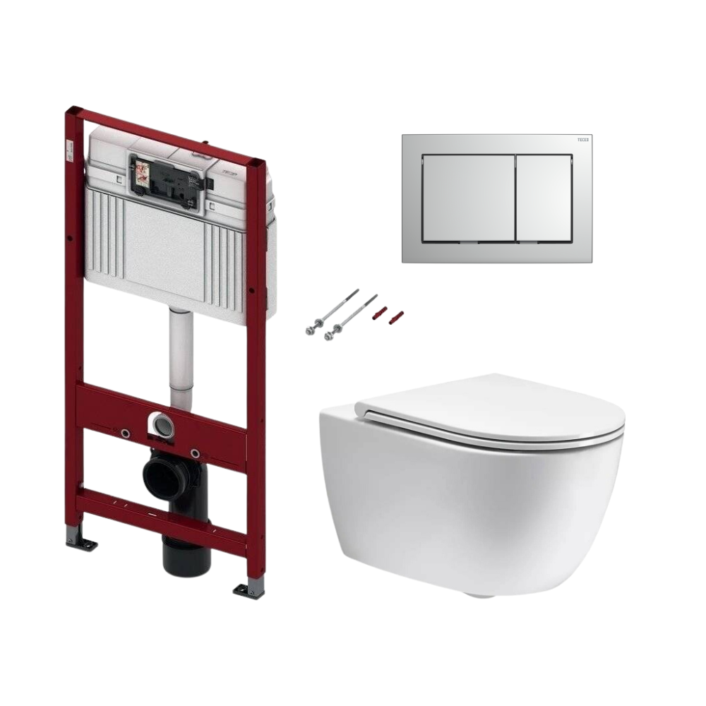 Komplektas: rėmas TECEbase su chromuota plokštele ir unitazas Simas Trevi Rimless su Soft Close dangčiu