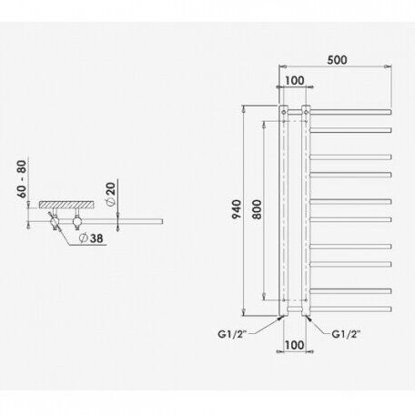 Rankšluosčių džiovintuvas PMH Theia, chromas, 50x94 cm T1C-L, kairė