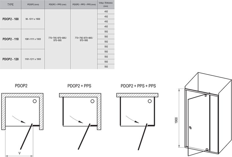 Dušo durys Ravak Pivot PDOP2-100, baltas+skaidrus stiklas 03GA0101Z1