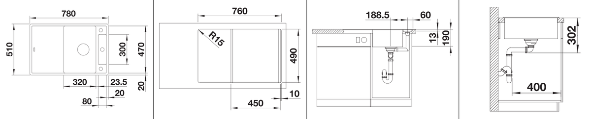 Silgranitinė plautuvė BLANCO AXIA III 45 S SILG PDUR Antracitas Z.GL InFino M.AF