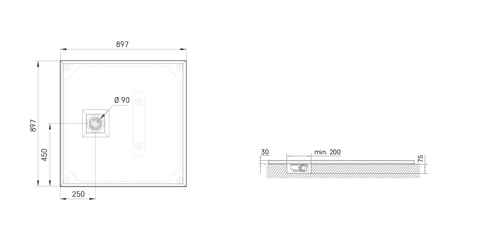 Akmens masės dušo padėklas PAA Lettera KV90 90x90 (be panelio) DPLETKV90/00
