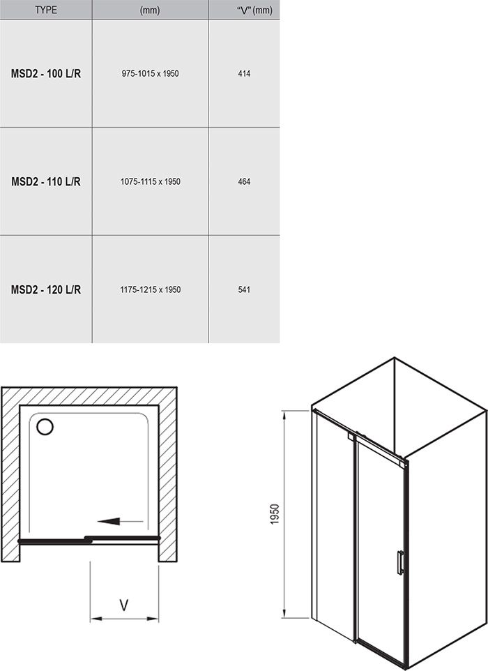 Dušo durys Ravak Matrix MSD2-100 R, baltas+skaidrus stiklas 0WPA0100Z1
